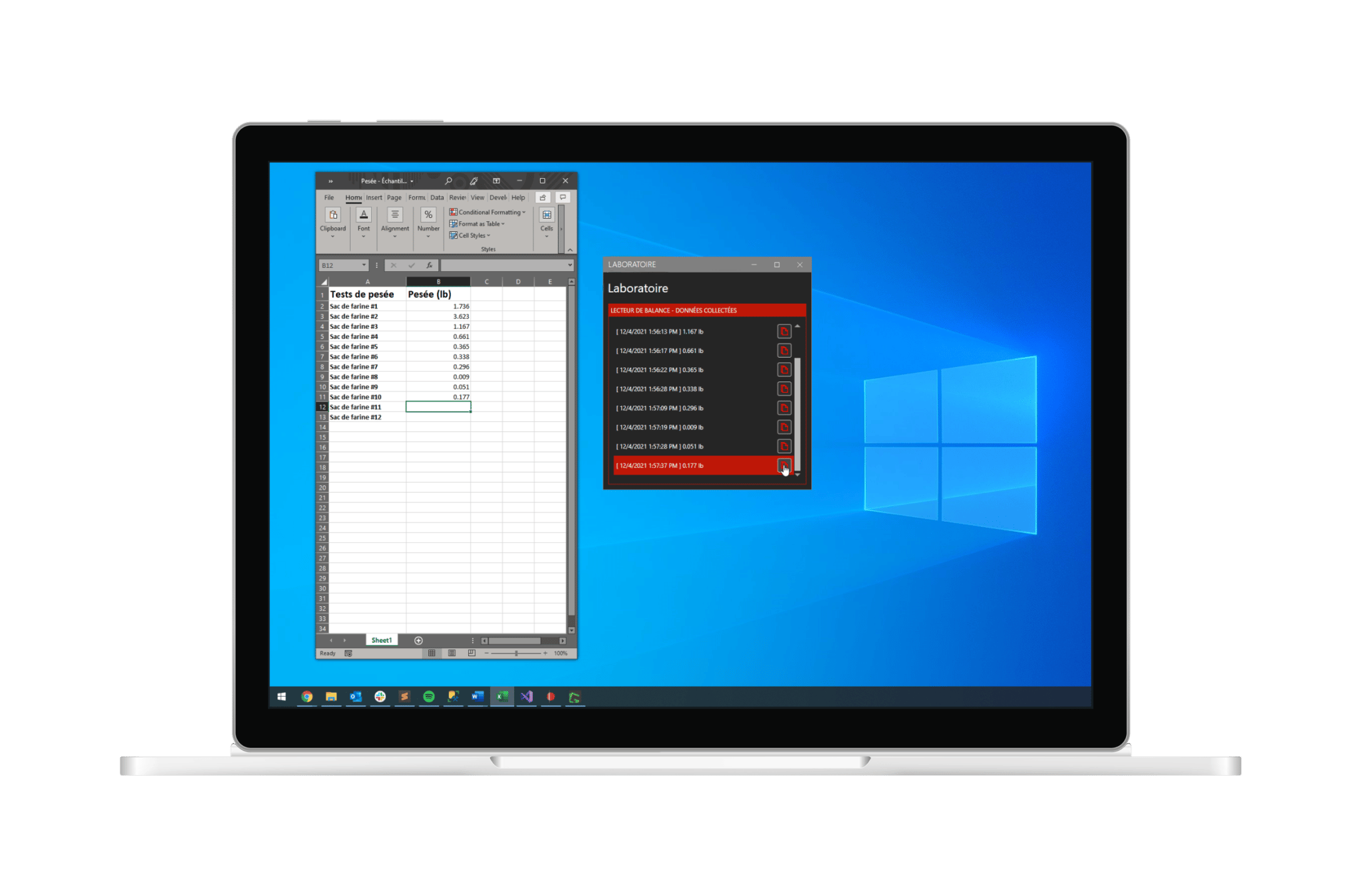 Logiciel Windows transférant automatiquement les données d’une balance industrielle vers Excel