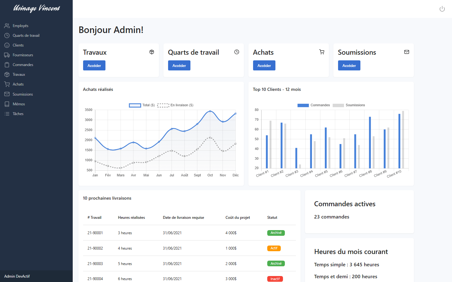 Interface de l’ERP manufacturier sur mesure développé pour Usinage Vincent